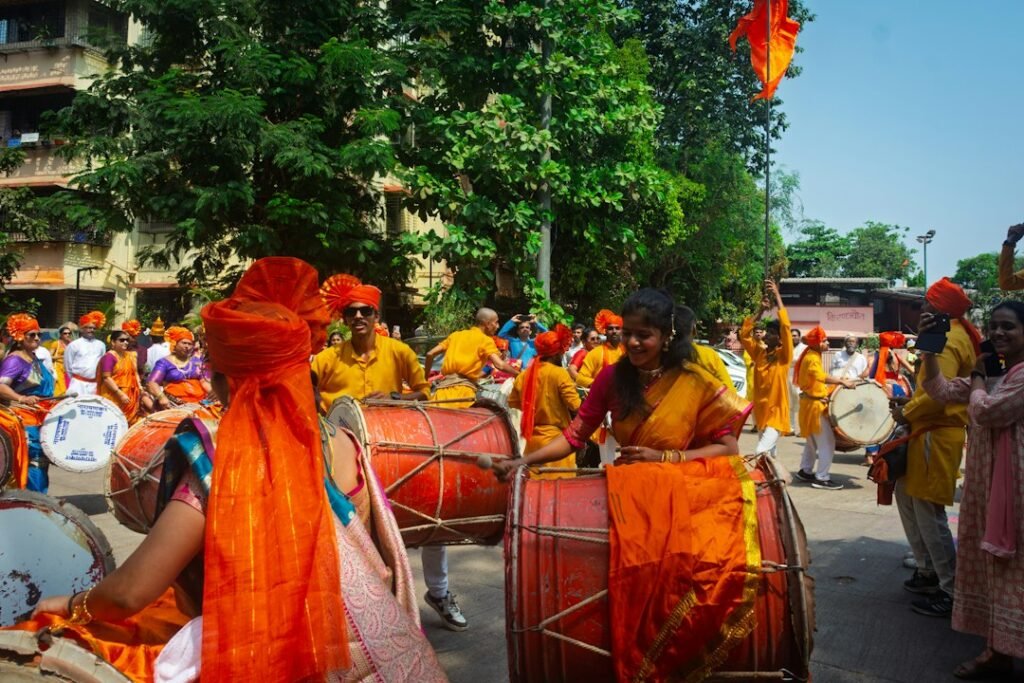 Traditional drummers performing in a religious or festival procession