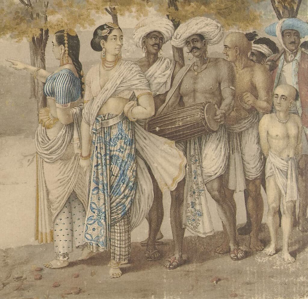 Historic 1774 illustration of a funeral procession in India with musicians, performers and mourners