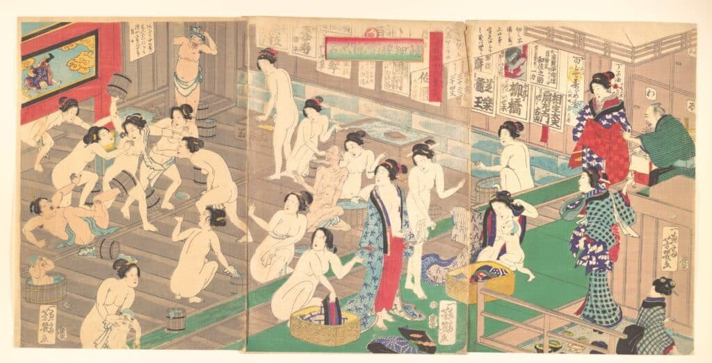 1868 Japanese woodblock triptych showing the interior of a public bath