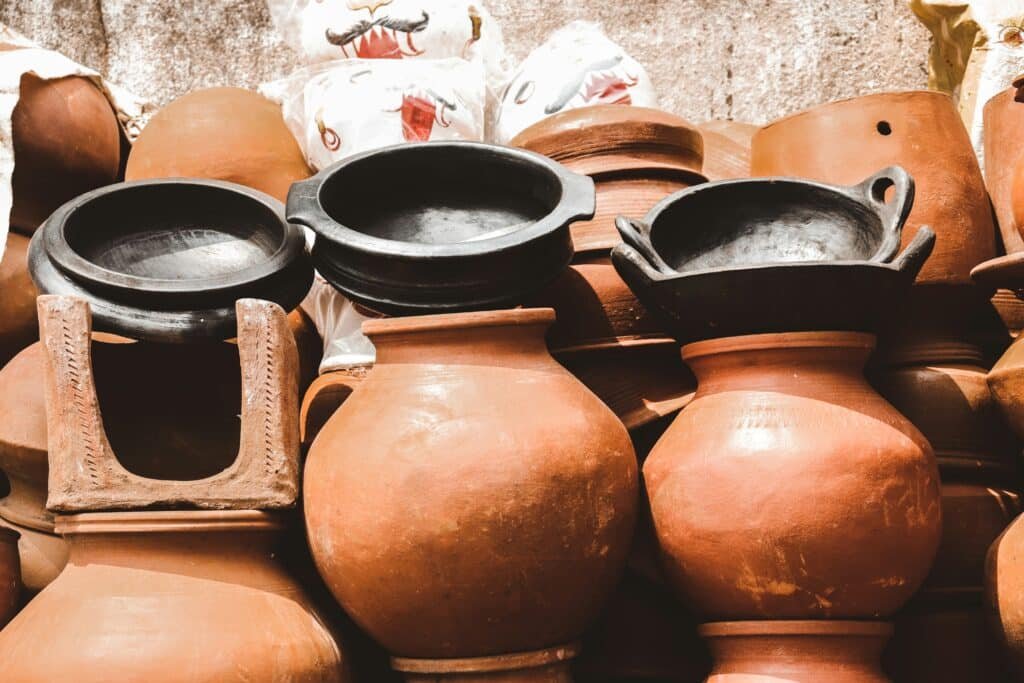 A group of traditional earthen clay pots arranged together